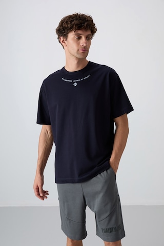 Tommy Life Lacivert Pamuklu Kalın Yumuşak Dokulu Oversize Fit Baskılı Erkek T-shirt - 88343 Lacivert