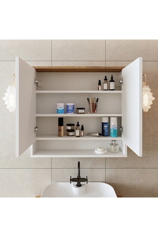 Banos Banyo Kulpsuz 2 Kapaklı Mat Beyaz Mdf 82Cm Aynalı Üst Dlp Atlantik Çam - Beyaz