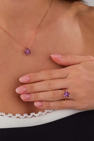 Gümüş Pazarım Ametist Taşlı Lotus Çiçeği Gümüş Kolye Yüzük Set 97381400