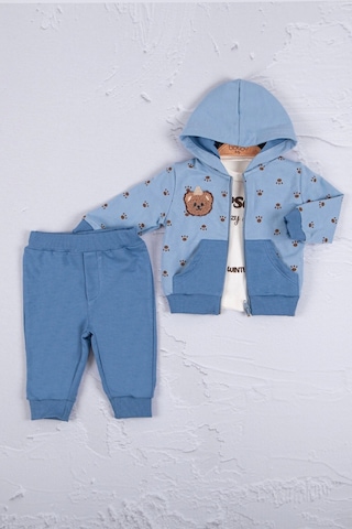 Babydonat Persona Bear Nakışlı Pamuk 3'li Erkek Bebek Takım Mavi