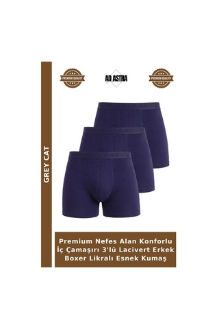 Grey Cat Premium Nefes Alan Konforlu İç Çamaşırı 3'lü Lacivert Erkek Boxer Likralı Esnek Kumaş