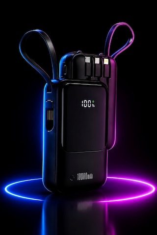 10000 Mah Powerbank 22.5w Süper Hızlı Şarj Dahili Kablolu Dijital Göstergeli Taşınabilir Şarj Cihazı Siyah