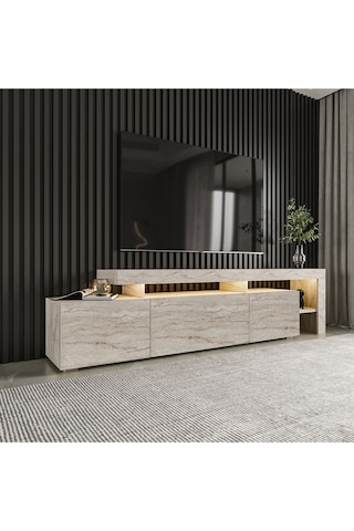 Beliz Modern LED Işıklı 3 Kapaklı, Raflı TV Sehpası – 192 cm, Traverten
