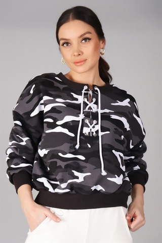 Sweetness Kadın Kamuflaj Desenli Önü Bağcıklı Oversize Sweatshirt SIYAH