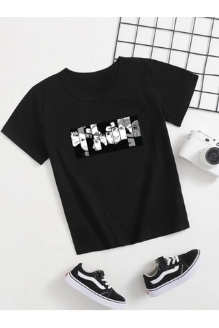 Barlashive Çocuk Unisex Baskılı T-shirt - Siyah Çok Renkli