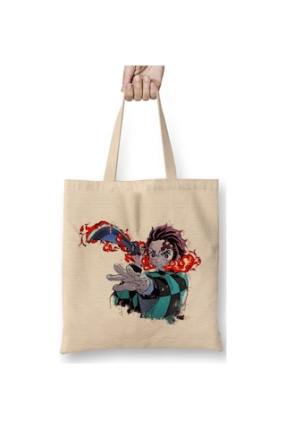 Toyaso Demon Slayer İblis Keser Tanjiro Firebeyaz Bez Çanta Uzun Saplı Alışveriş Çantası Plaj Çantası Beyaz