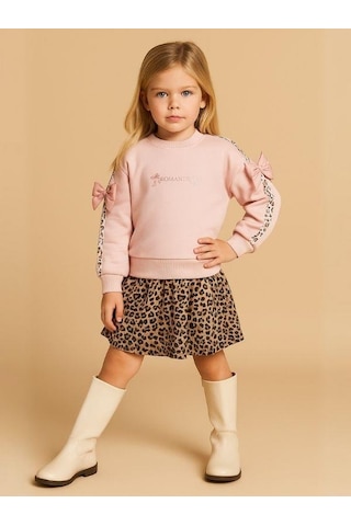 Kız Çocuk Kolları Leopar Şeritli Fiyonklu Sweatshirt-16133 Pudra