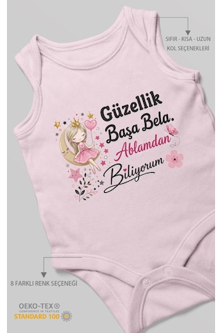 Morivokids Güzellik Başa Bela Ablamdan Biliyorum Sıfır Kol Bebek Zıbını %100 Pamuk Bebe Pembe
