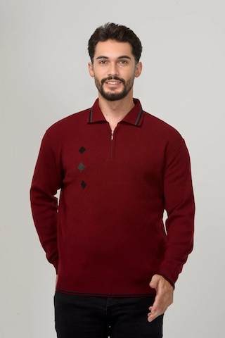 Kamalı Erkek Çelik Örgü Intarsia Gofra Desen Fermuarlı Polo Yaka Tüylenmez Premium Triko Kışlık Baba Kazak Bordo