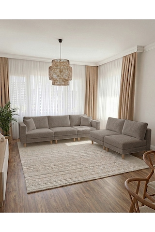 Armin Akıllı 5 Modül Köşe Koltuk Takımı & Modern Modüler Yataklı Köşe Takımı - Kadife Kumaş - Latte