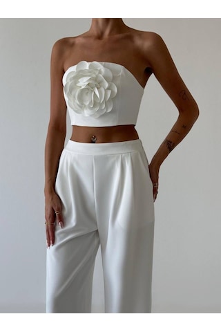 Kadın Straplez Gül Detaylı Üst Ve Yüksek Bel Pantolon Takım Beyaz