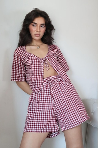Madmext Bordo Pötikareli Şort Bluz Takım Mg2373