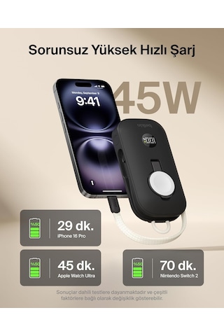 Belkin Boostcharge Pro 10k Mah Power Bank, Apple Watch Şarj Cihazlı, Entegre Örgülü Usb-c Kablo Ve Dijital Ekranlı Taşınabilir Şarj Cihazı, 45 W, Siyah