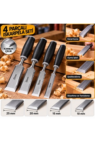4 Parça Karbon Çelik Ahşap İskarpela Seti 10-15-20-25 Mm Siyah Saplı