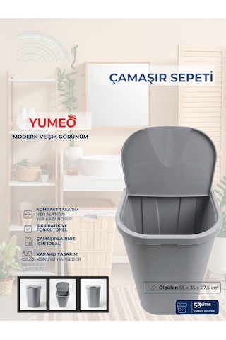 Yumeo Slim 53 Litre Kapaklı Çamaşır Sepeti Dar Alanlara Uygun Plastik Kirli Sepeti Gri Antrasit - Gri