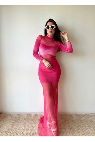 Kadın Balıkçı Yaka Transparan Dekolteli Fırsat Ürün Elbise Pembe