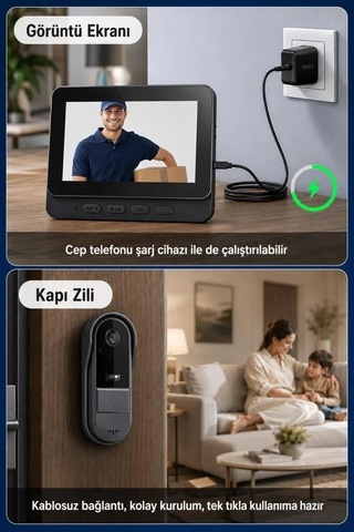 Gece Görüşlü Hd Sistem Görüntülü Monitörlü Su Geçirmez Kablosuz Akıllı Kapı Zili Cmr25 Siyah