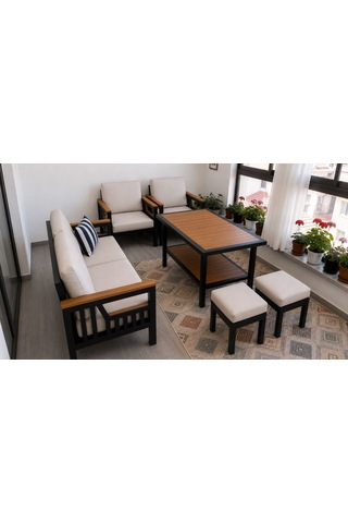 Borulu Larissa Bahçe Mobilyası Takımı - 3+1+1+2 Puf - Siyah Metal / Bej Minder