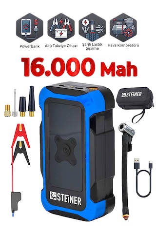 Steiner 16.000 Mah 4'ü 1 Arada 10 Bar Dijital Göstergeli Powerbank Led Fener Şarjlı Akü Takviye Cihazı Hava Kompresörü Mavi