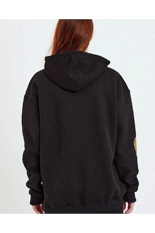 Mbb E-ticaret Kadın Oversize Kapüşonlu Cepli Ön Kol Baskılı 3 İplik Pamuklu Hoodie Sweatshirt - Siyah