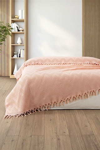 %100 Pamuk Çift Kişilik Bağlama Saçaklı Pike-220x240 Cm-pudra Pudra Pudra