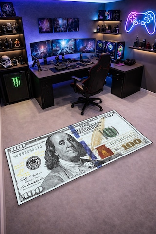 100 Dolar Kaymaz Taban Makinede Yıkanabilir Gaming Para Desenli Oyuncu Gamer Genç Odası Halısı Beyaz