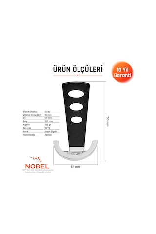 Bemol Lüks Portmanto Askı, Metal, Vestiyer Askı, 185 Gr, Dolap Askılık, Duvar Askılığı, Krom-siyah Vidalı 5 Adet