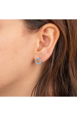 Altın Küpe - 14 Ayar Altın Yuvarlak Firuze Turkuaz Taşlı Küpe Sarı