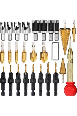 Sointeresting 28 Parça Ağaç İşleme Pah Delme Aletleri, Havşa Ucu, Ahşap Tapa Kesici Matkap Ucu Seti Dahil
