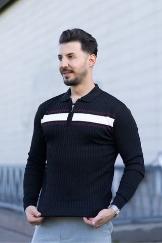 Hk Premium Kazak Polo Yaka Fermuarlı Şerit Detaylı Triko Siyah