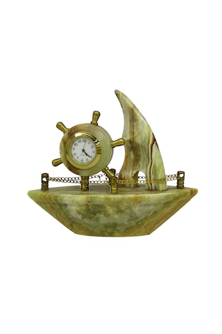 Oniks Taş Vapur Figürlü Saat - Doğal Desenli Oniks Taş