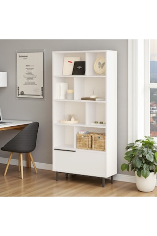Robin Home Kitaplık Raf Metal Ayaklı 176cm Kapaklı Beyaz Beyaz