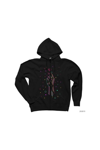 Aşk Yıldızları Siyah Fermuarlı Kapşonlu Sweatshirt Siyah