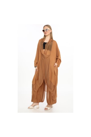 Bohem Stil Italyan Ipek Detaylı Oversize Kap Bluz- Wes Pantolon Takım-8863 Cappuccino