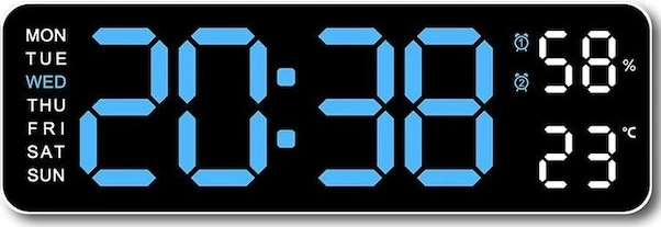 Yaleker 9 İnç Led Dijital Saat, Sıcaklık-nem Göstergeli, Hafta Günü Gösteren, Otomatik Işık Ayarlı, 12/24 Saat Formatlı Duvar/sandık Saati Beyaz - Mavi