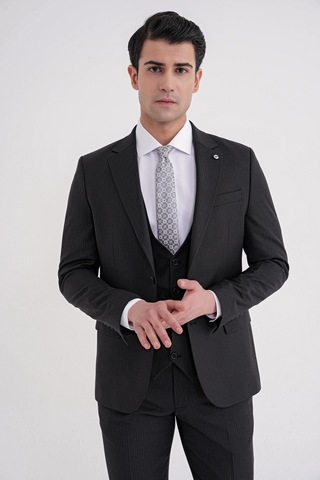 Efor Slim Fit Çift Yırtmaç Çizgili Esnek Yünlü Siyah Yelekli Klasik Takım Elbise Tk 935 Siyah