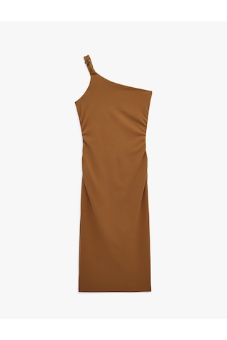 Koton Slim Fit Aksesuar Detaylı Drapeli Midi Boy Tek Omuz Kalem Elbise Kahverengi 6sak80003uk Kahve