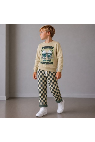 Matcha Baskılı Sweatshirt Ve Yeşil Dama Desenli Pantolonlu Erkek Çocuk Bej/zümrüt Yeşil 2iplik 2'li Krem Rengi