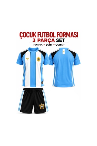Sonvadi Çocuk Futbol Forması Takımı Mavi-siyah 3 Parça Çorap Mavi