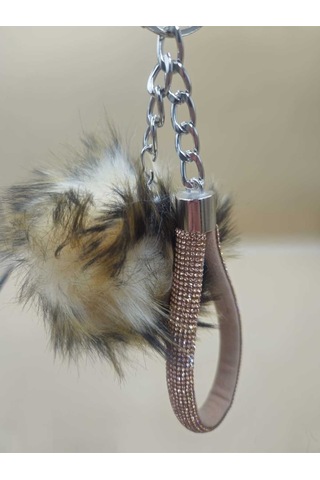 Camel Taşlı Tilki Tüyü Leopar Desenli Angel Anahtarlık