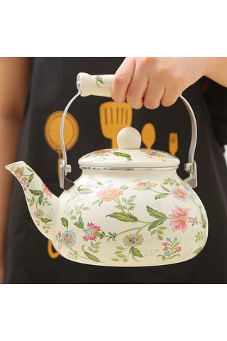 Emaye İndüksiyonlu Su Isıtıcısı 2,4 L Emaye Sürahi Vintage Çaydanlık, Seramik Sap, İndüksiyonlu Ocak, Gaz, Odun Sobası Diğer