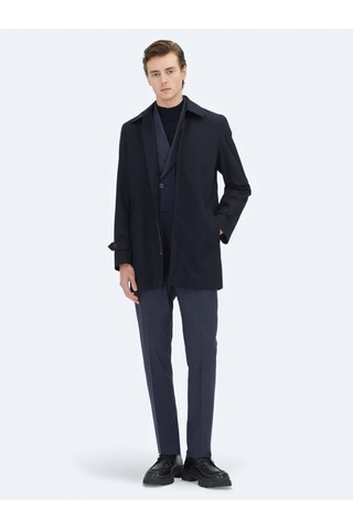 Kip Lacivert Regular Fit Bebe Yaka Casual Dokuma Pardesü