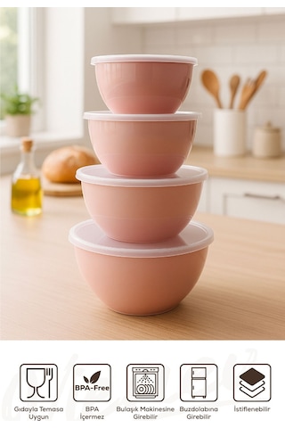 4 Lü Yuvarlak Kase Seti Pembe 1l, 1.5l, 2.3l, 3.3l Kapaklı Çok Amaçlı Mutfak Saklama Kabı Pembe