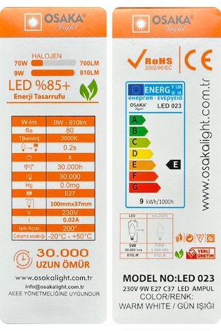 2 Adet Osaka 9w 70w Sarı Işık 3000k E27 Duylu Kalın Duy Led Mum Ampul