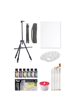 Rich Mastermix Akrilik Boya Seti 6x60 Pastel Renk 3 Ayaklı Şövale 35x50 Tuval Seti Metal Şövale Seti