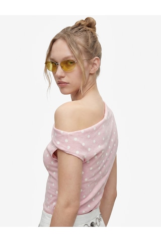 Koton Pamuklu Slim Fit Asimetrik Yaka Kolsuz Puantiyeli Drapeli Bluz Pembe Desenli 6sal30264ık