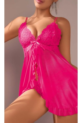 İkikareshop Kadın Fuşya Fantazi Gecelik Tül Önü Açık Fırfırlı Fiyok Detaylı 2113 Çok Renkli