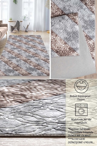 Raschel Carpet Gri Emboss Desenli Kalın Yumuşak Kaymaz Özel Taban Halı Yolluk