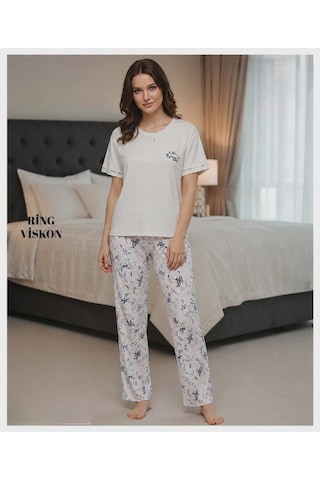Mihra Kadın Ring Viskon Düğmeli Yaka Kısa Kol Likralı Pijama Takımı 40112e - 1 Adet Ekru