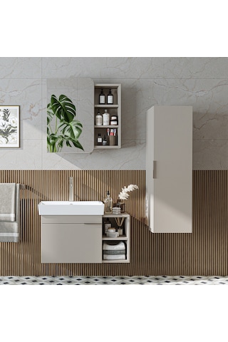 Likya Kapaklı Açık Raflı Mdflam Lavabolu 82 Cm Banyo Alt Dolabı +banyo Üst Dolabı + Banyo Boy Dolabı Kumtaşı Kül Gri